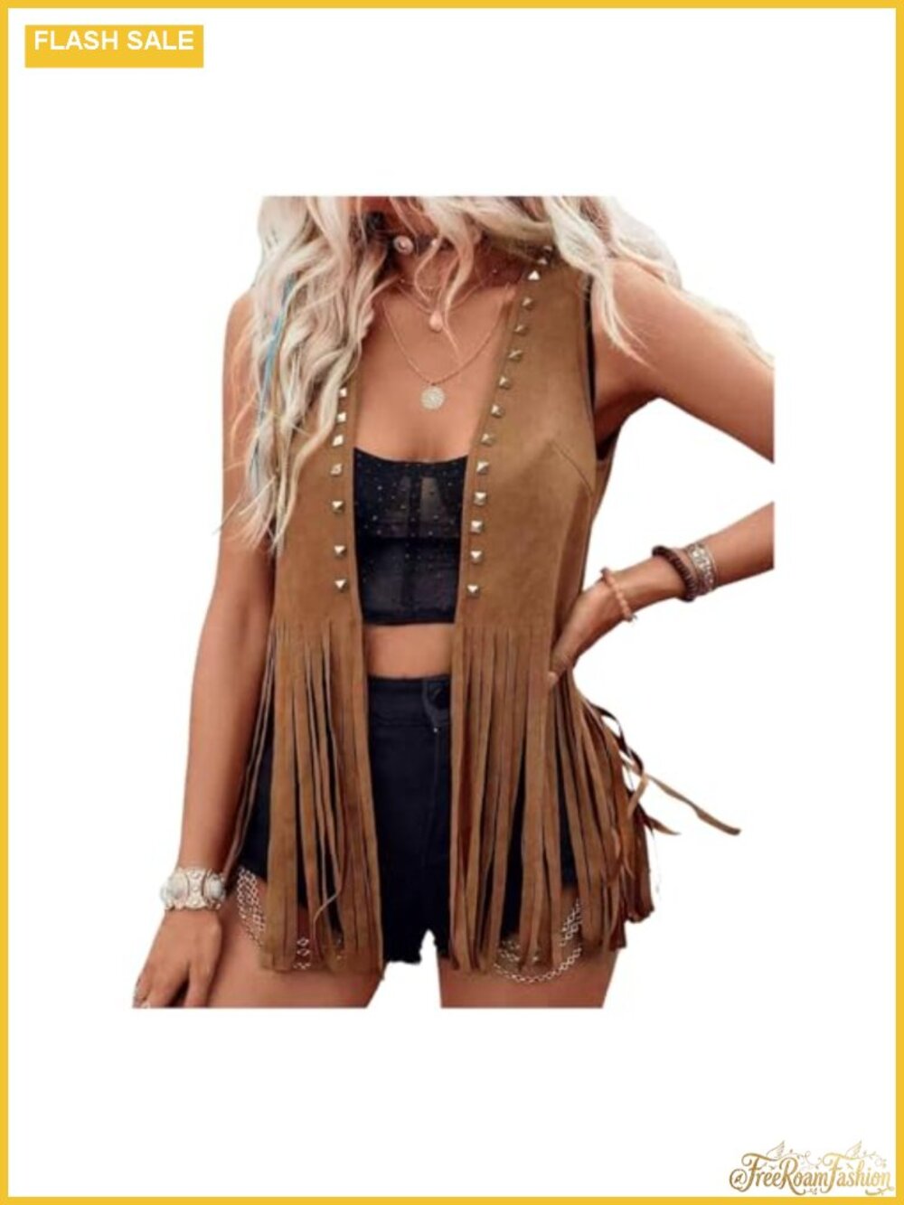 Faux Suede Fringe Vest Studded Sleeveless Western Cowgirl Boho Jacket